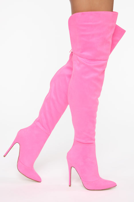 Neon pink top thigh high boots