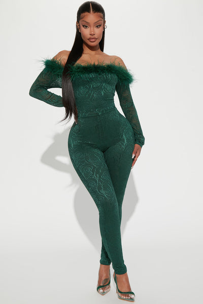 All About Us Feather Jumpsuit Kelly Green Fashion Nova