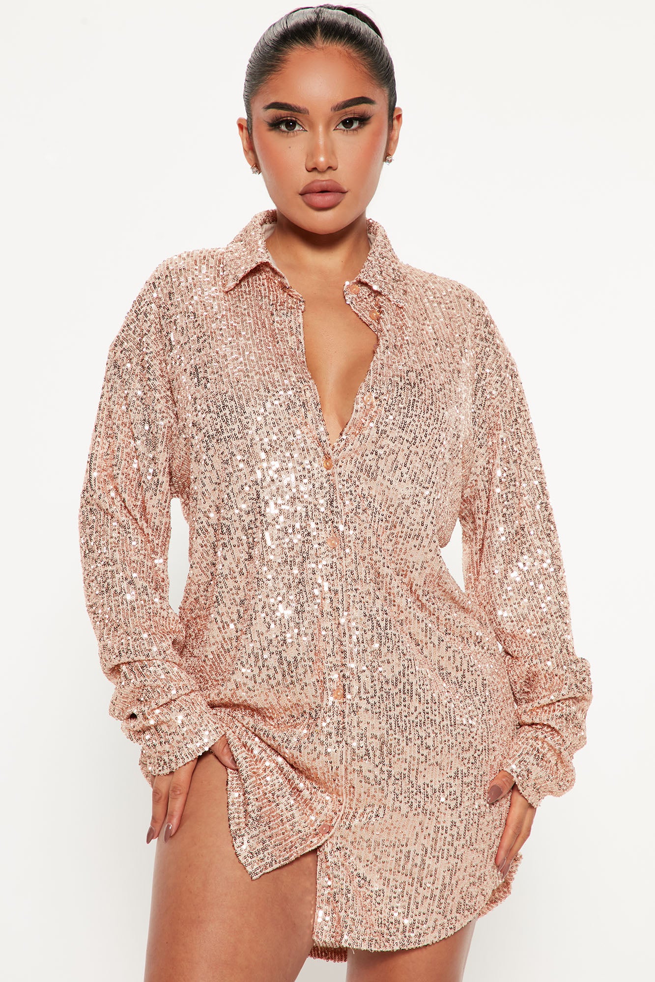 Lumina Sequin Shirt Dress Rose Gold