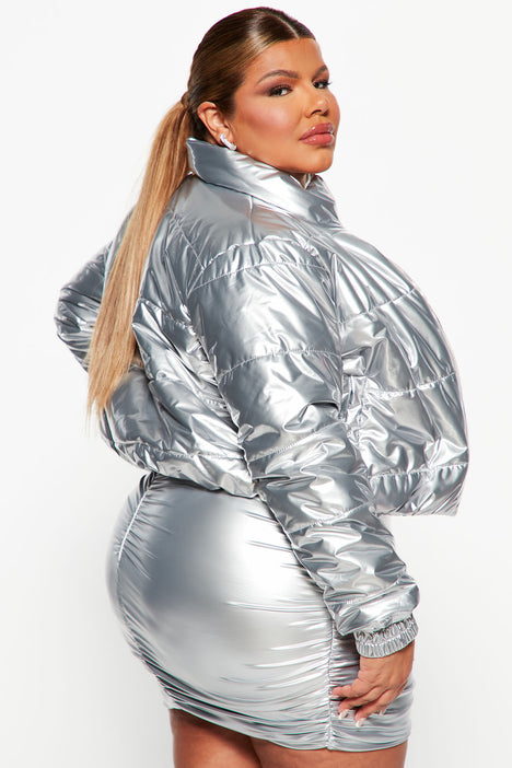 Women's Taking Off Metallic Puffer Jacket in Silver Size Xs by Fashion Nova