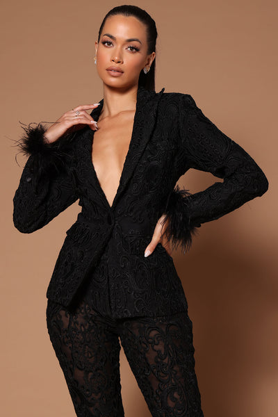 Lorrie Lace Feather Trim Blazer - Black, Fashion Nova, Luxe