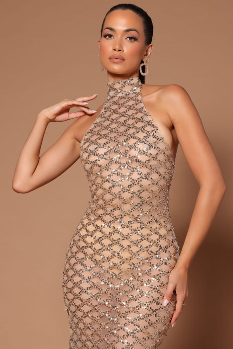 Gold sequin mesh dress hot sale