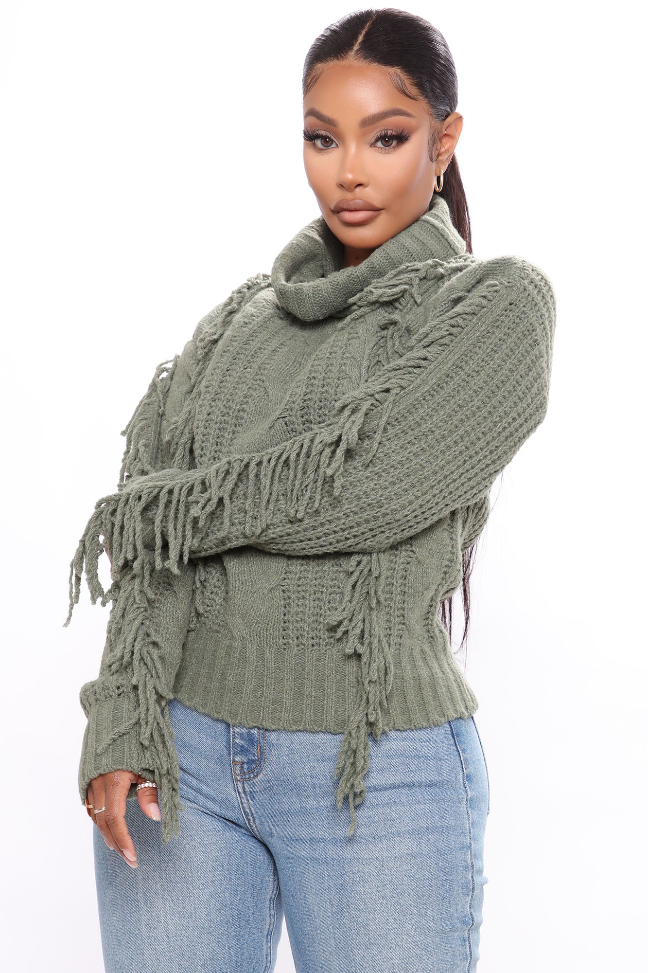 Pretty Little Fringe Turtleneck Sweater Olive Fashion Nova