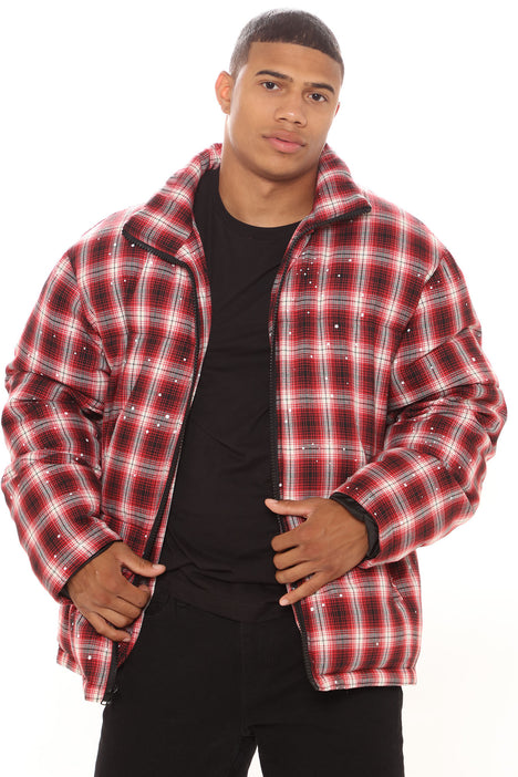 Mens plaid puffer jacket discount