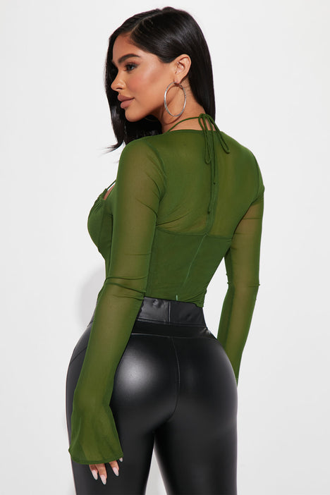 Melanie Mesh Corset Top Olive Fashion Nova Knit Tops