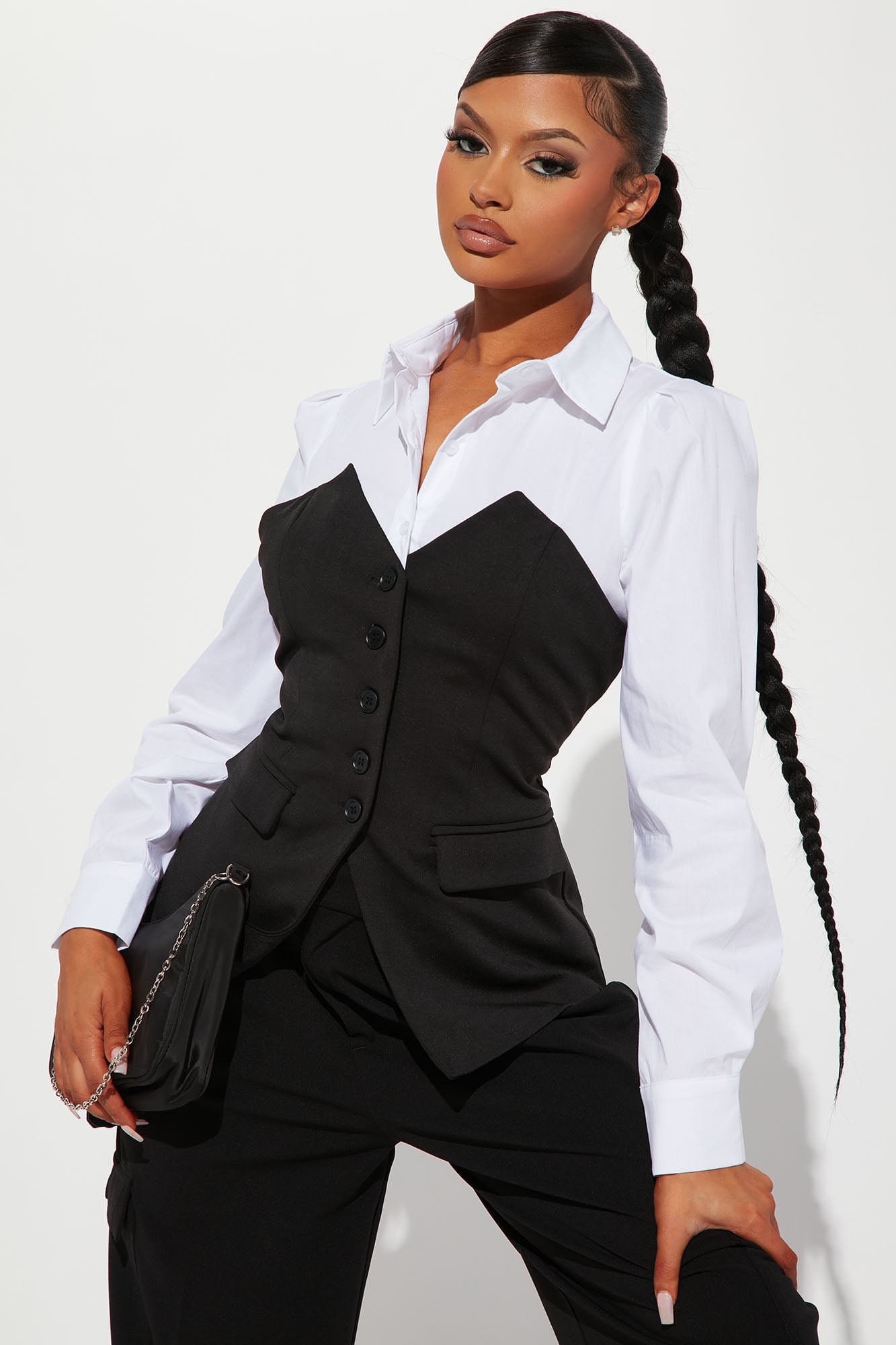 Here To Work Poplin Vest Top Black White