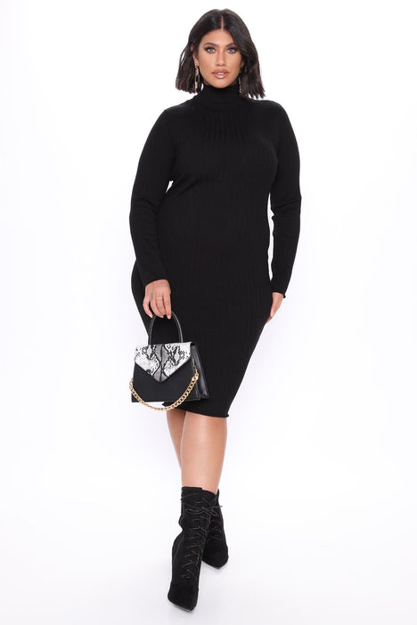 Fashion Nova 1X plus size black waist cinchin midi sweater dress NWT