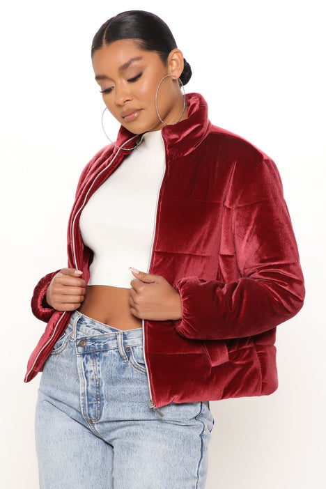 Red velvet puffer jacket deals