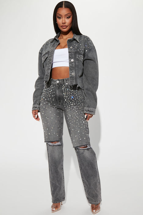 Razzle Dazzle Embellished Straight Leg Jeans Grey