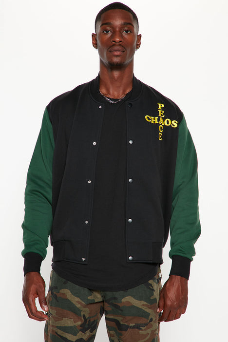 Peace And Chaos Fleece Varsity Jacket - Black/Green, Fashion Nova, Mens  Jackets