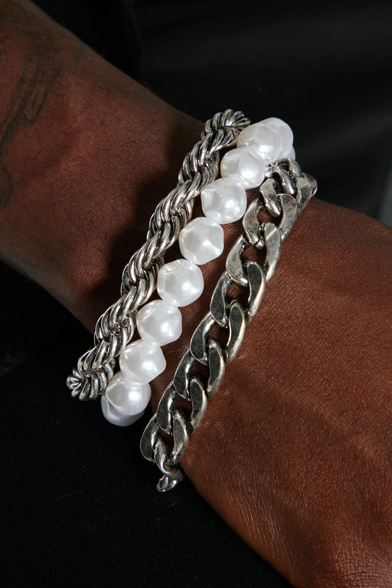 Pearled Edition 3 Piece Bracelet Set Silver Fashion Nova, Mens