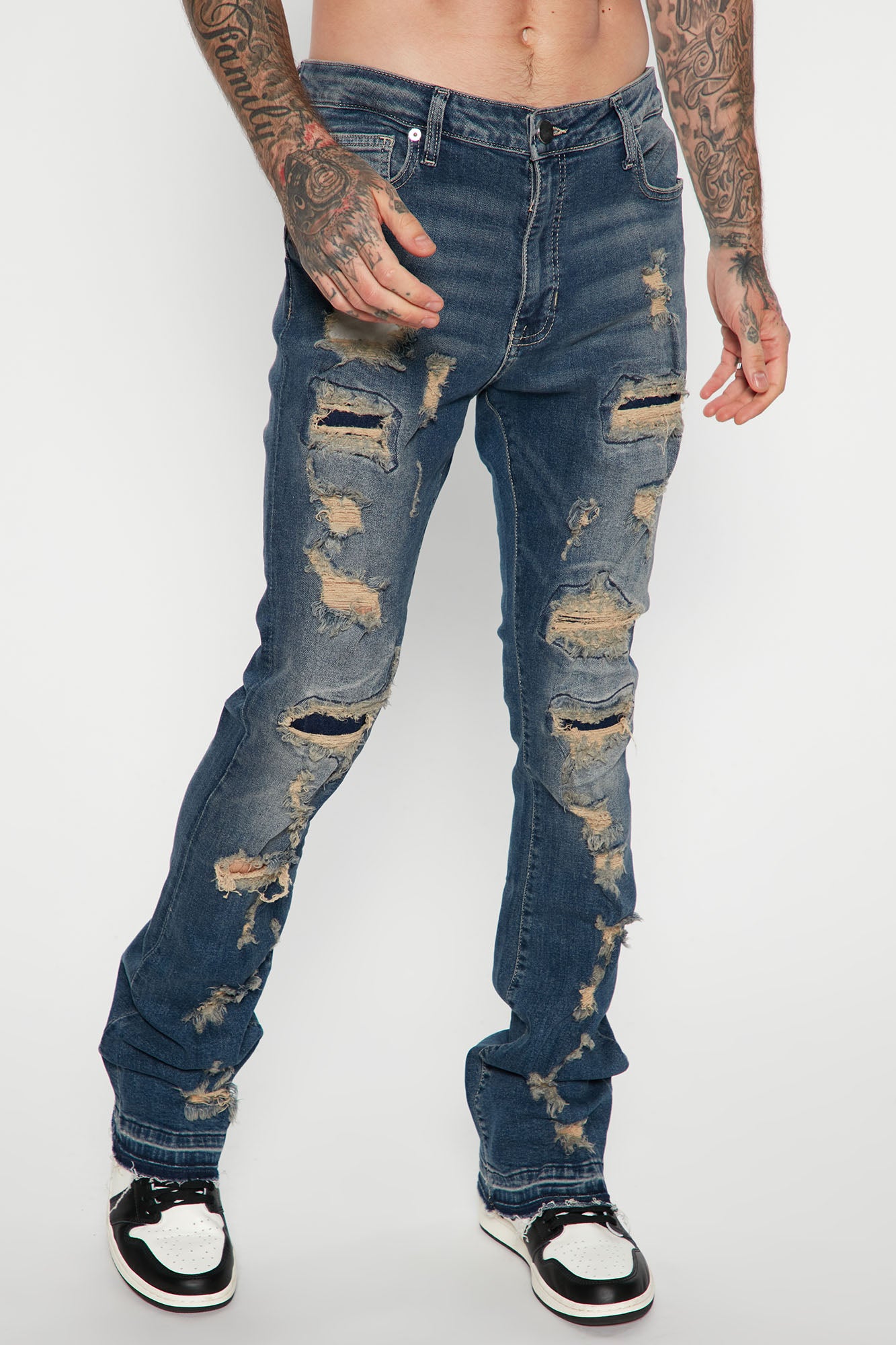 Back Me Up Ripped Stacked Skinny Flared Jeans - Vintage Blue Wash