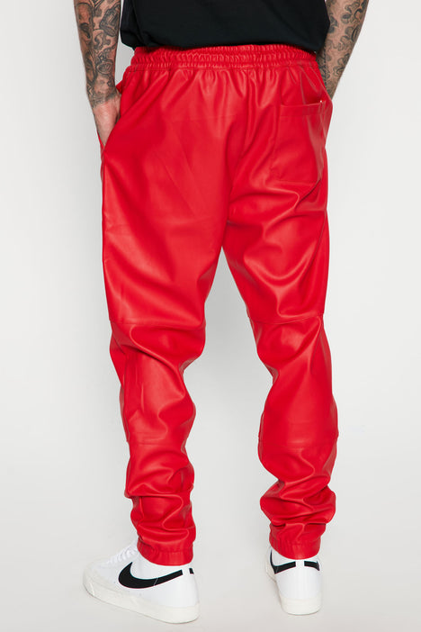 Red leather joggers cheap