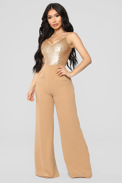 Gold jumpsuit cheap fashion nova