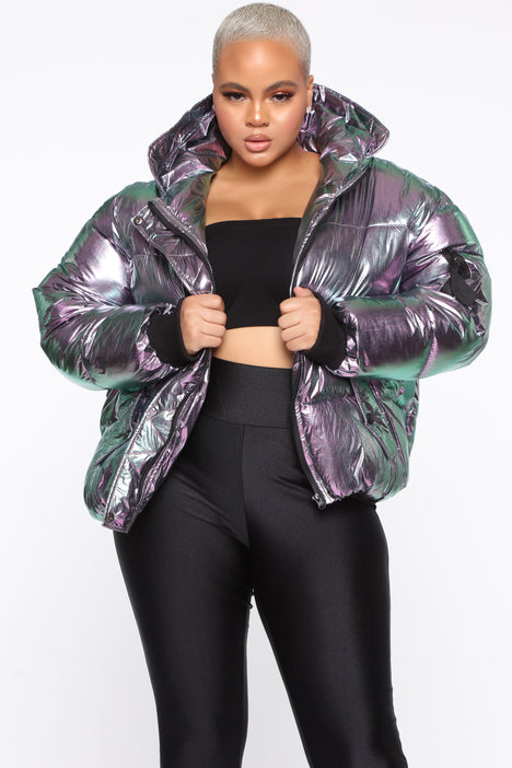 Iridescent metallic puffer jacket store