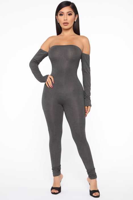 Grey off shop the shoulder jumpsuit