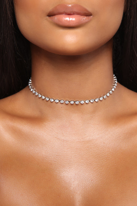 Silver sales rhinestone choker