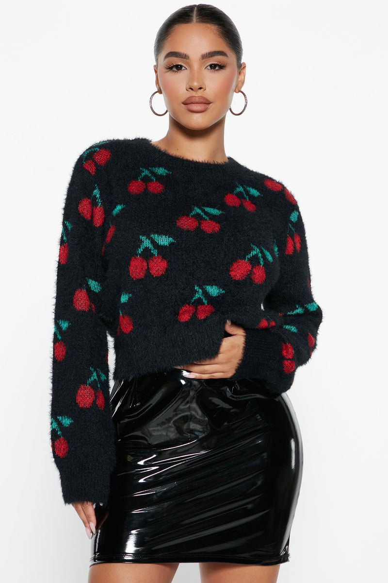 Cheery Cherries Fuzzy Sweater - Black/combo | Fashion Nova, Sweaters ...