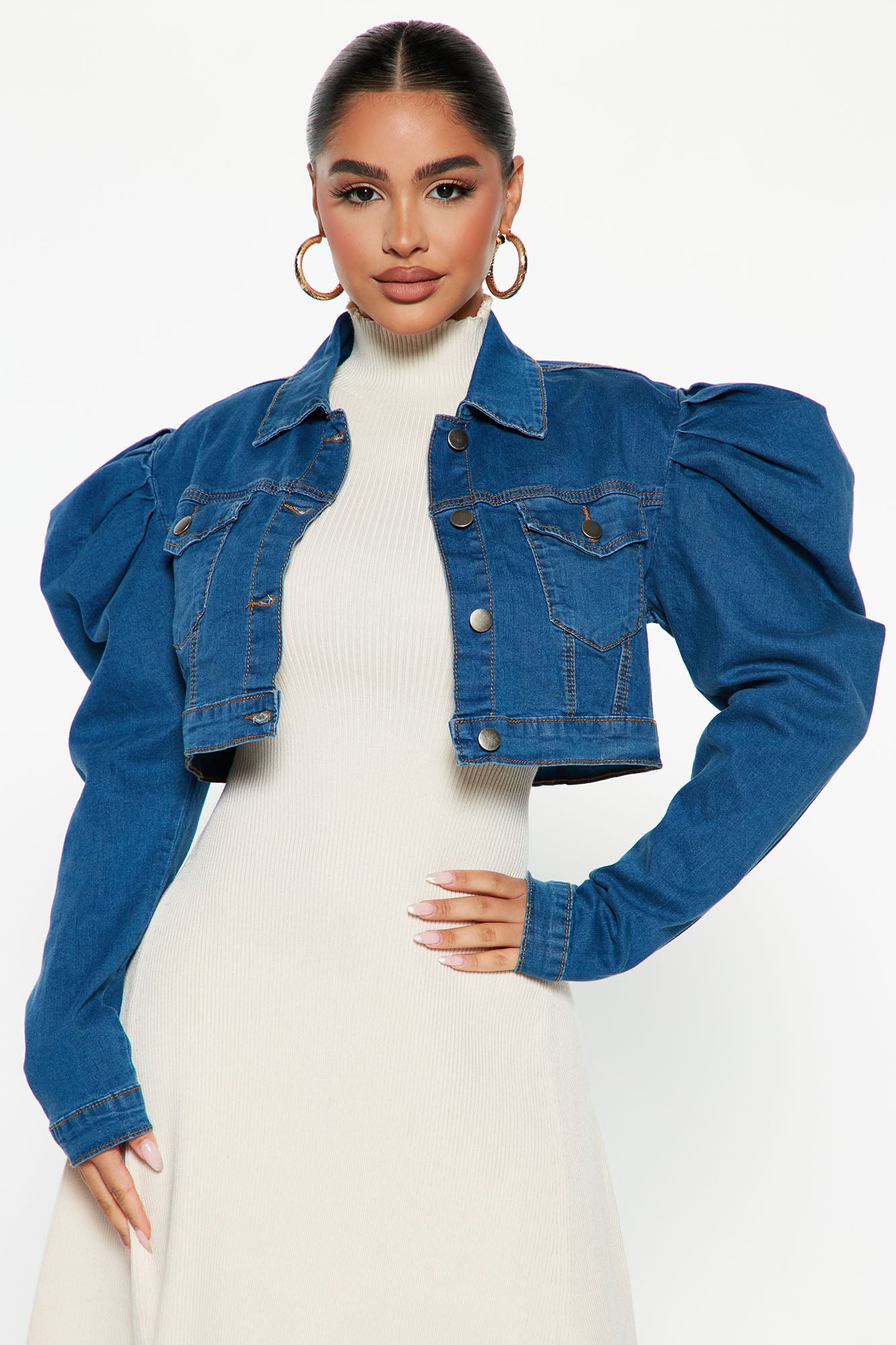 Royalty Stretch Puff Sleeve Denim Jacket Dark Wash