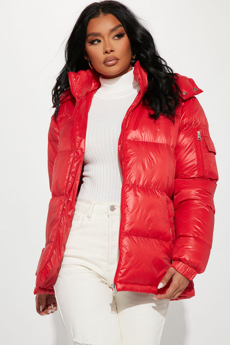 Red short puffer best sale jacket
