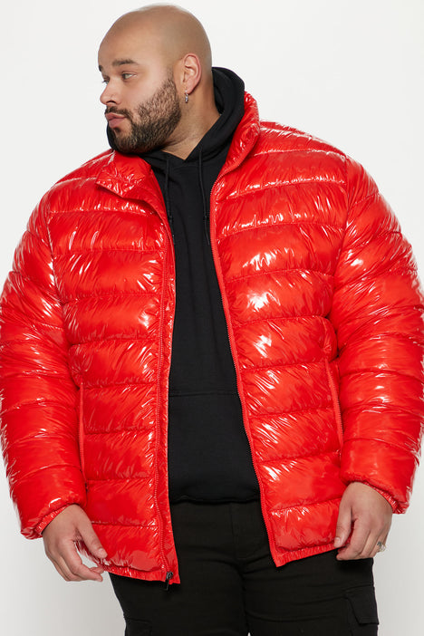 Red high shine puffer jacket hot sale