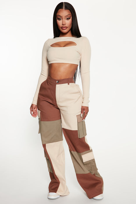 Ready To Go Wide Leg Cargo Pant 32 Brown combo Fashion Nova