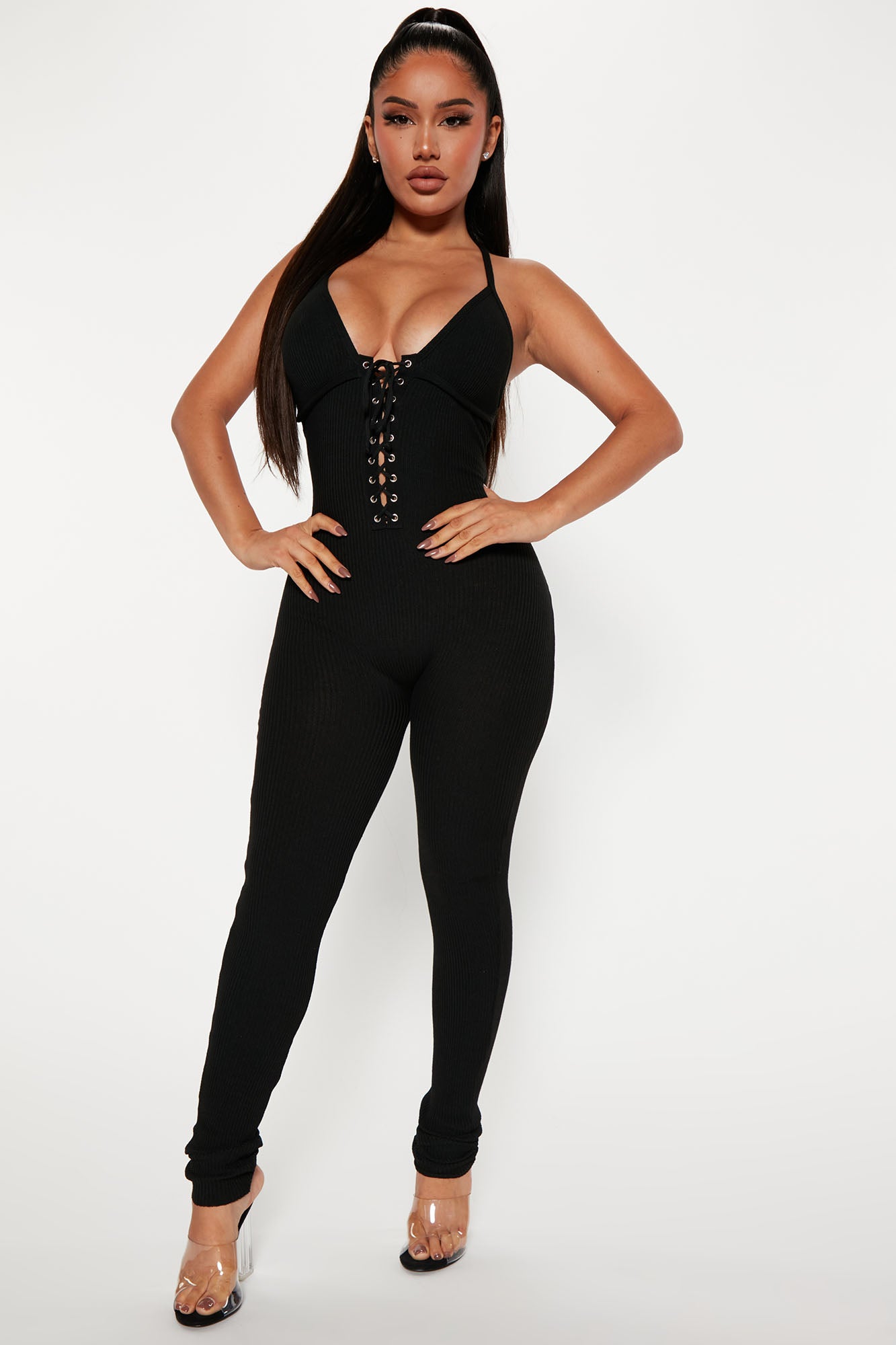 Lace Me Up Sweater Jumpsuit Black