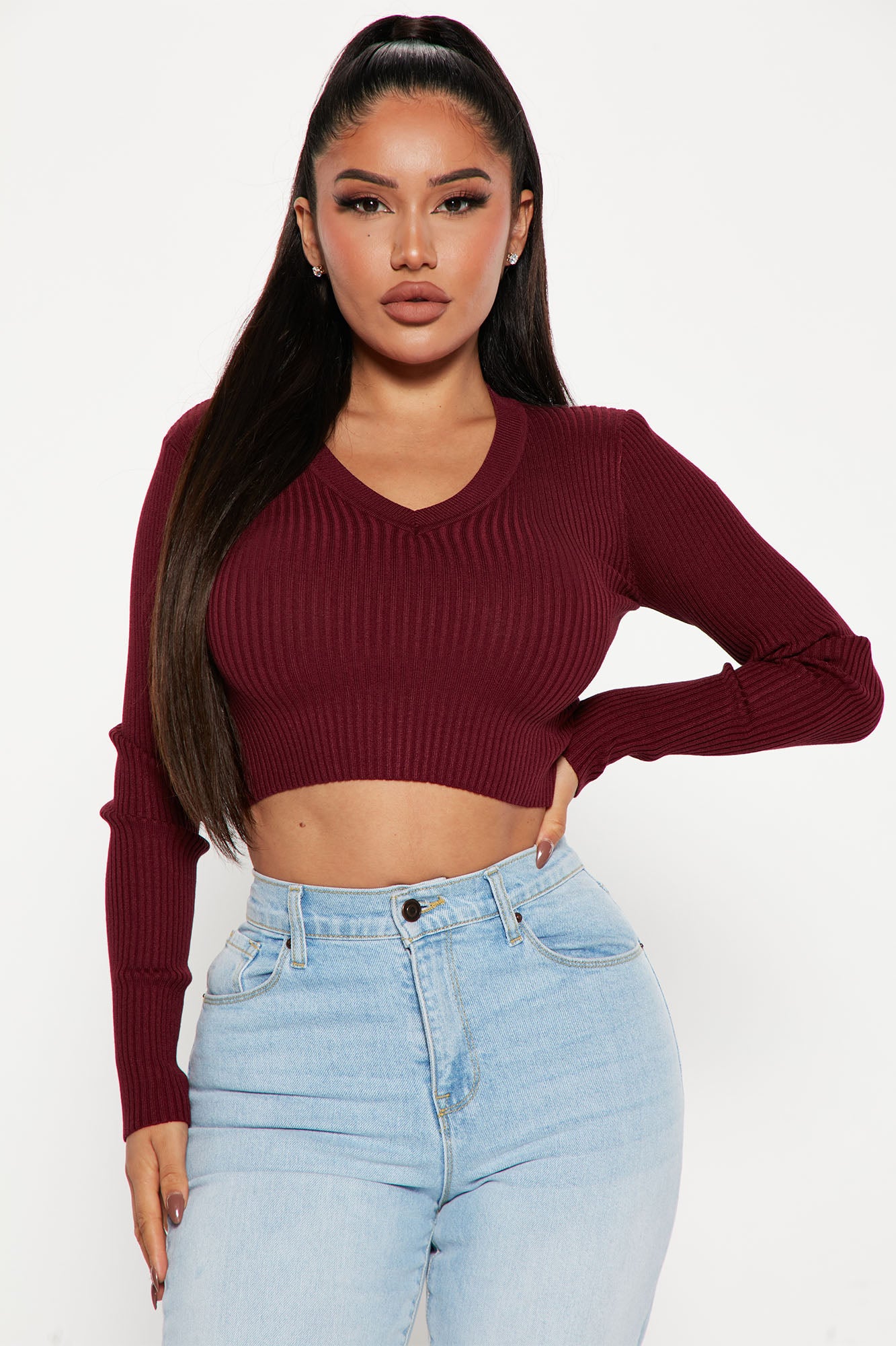 Sheila Ribbed Crop Sweater Burgundy