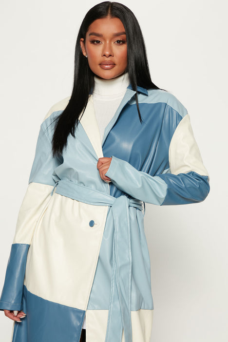 Blue leather trench store coat