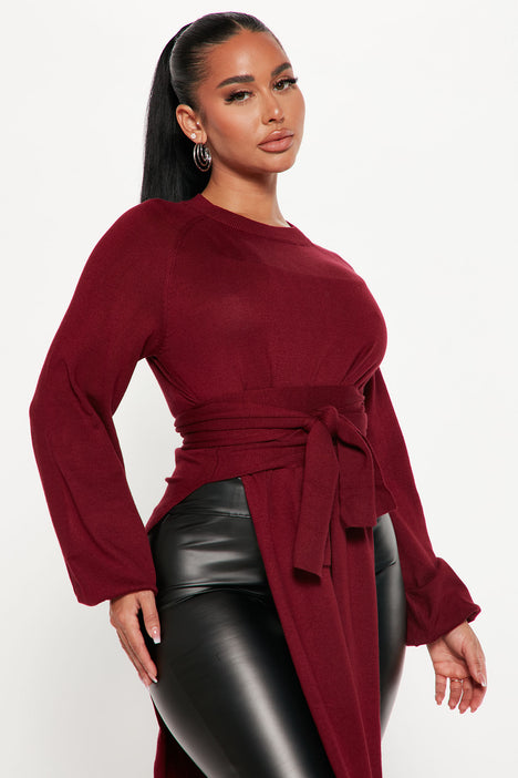 Slit Just Got Real Tunic Sweater Burgundy Fashion Nova