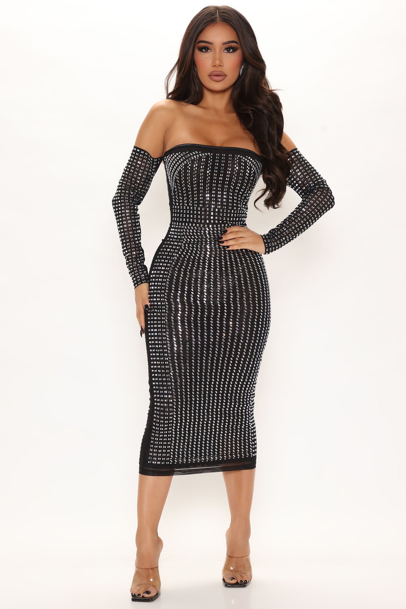 Working On It Off Shoulder Midi Dress Black Fashion Nova