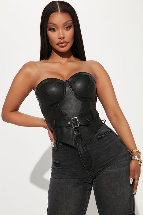 Sasha PU Leather Bustier Top - Black