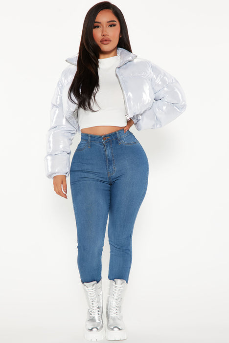 Cause A Scene Cropped Puffer Jacket Silver