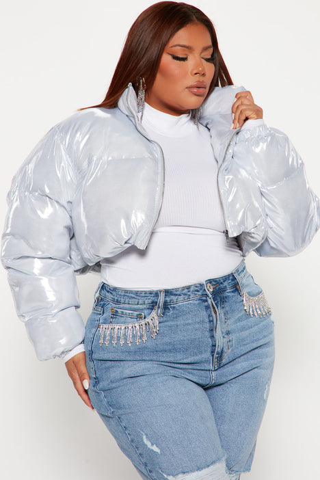 Women's Taking Off Metallic Puffer Jacket in Silver Size Xs by Fashion Nova