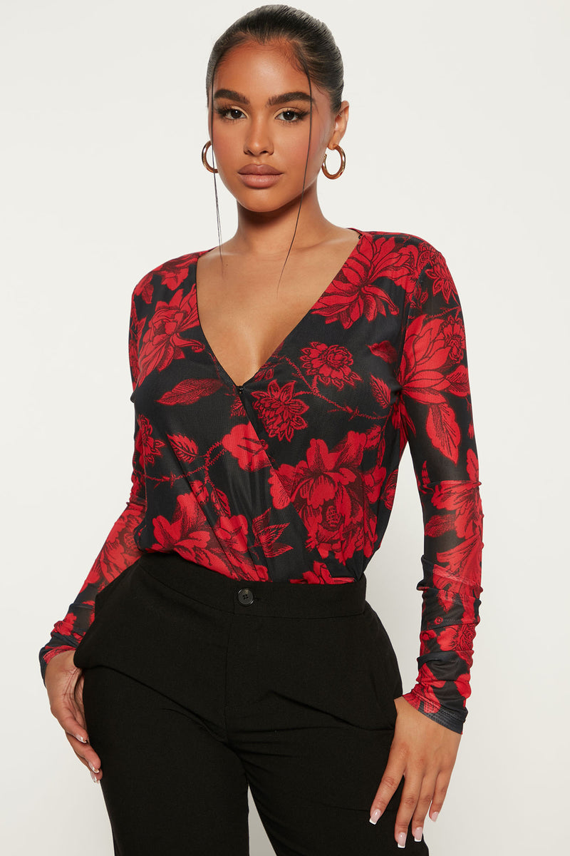 Floral Emotions Mesh Bodysuit - Black/Red | Fashion Nova, Bodysuits ...