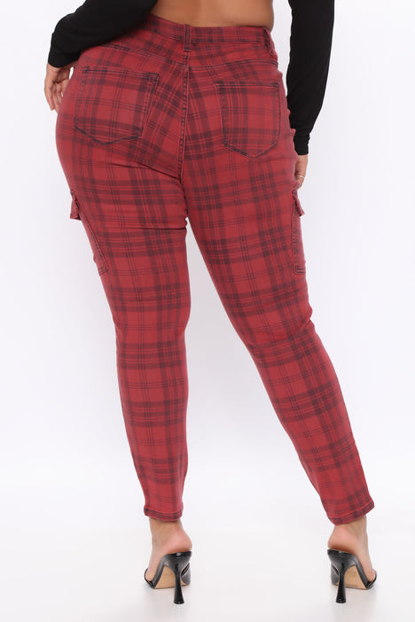 Last Time I Checked Plaid Skinny Jeans Red combo Fashion Nova