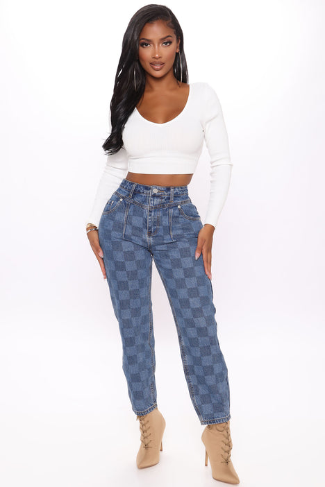 Game Maker Checkered Balloon Mom Jeans Blue combo Fashion Nova