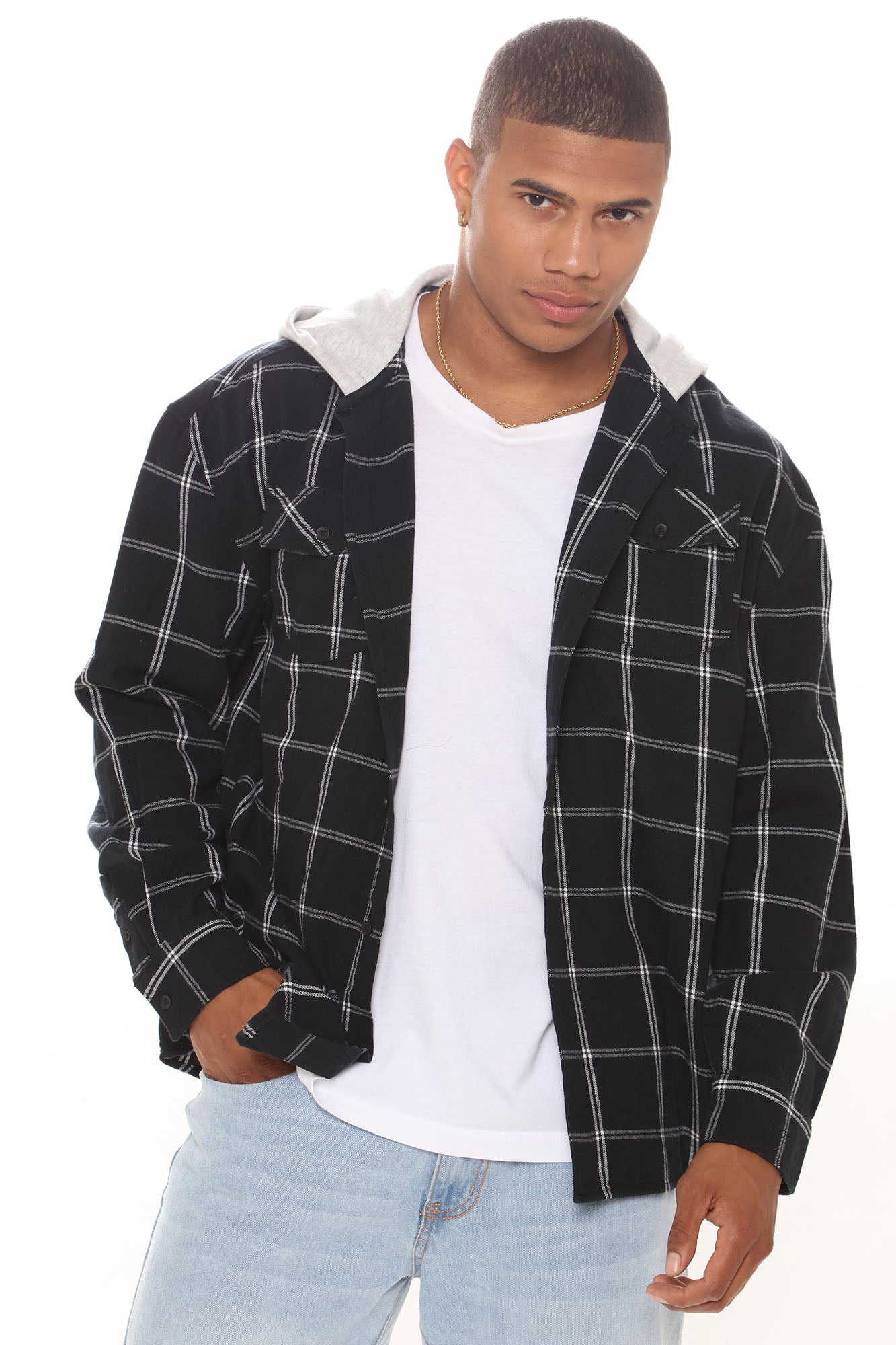 Black and white flannel with hood top