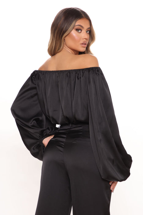Black satin shop off shoulder top