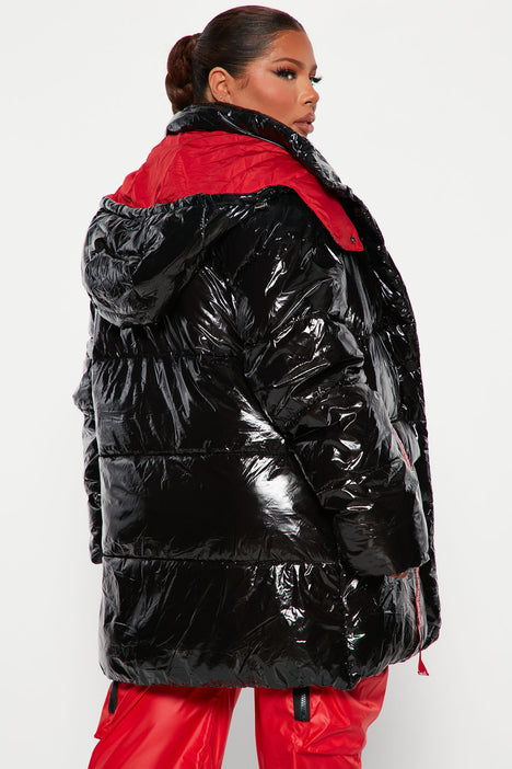 Black shiny puffer jacket river island on sale
