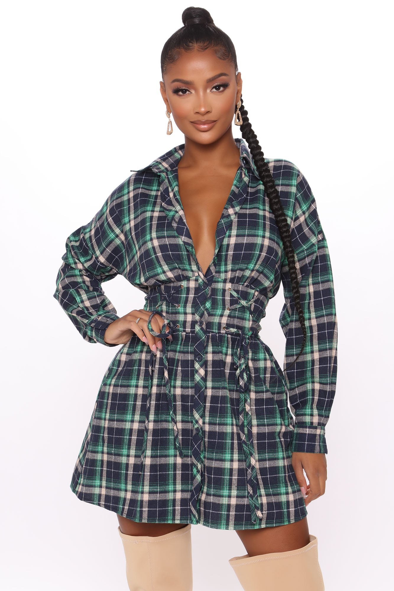 Green plaid mini dress discount