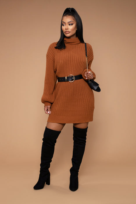Too Cozy Turtle Neck Sweater Dress Cognac Fashion Nova