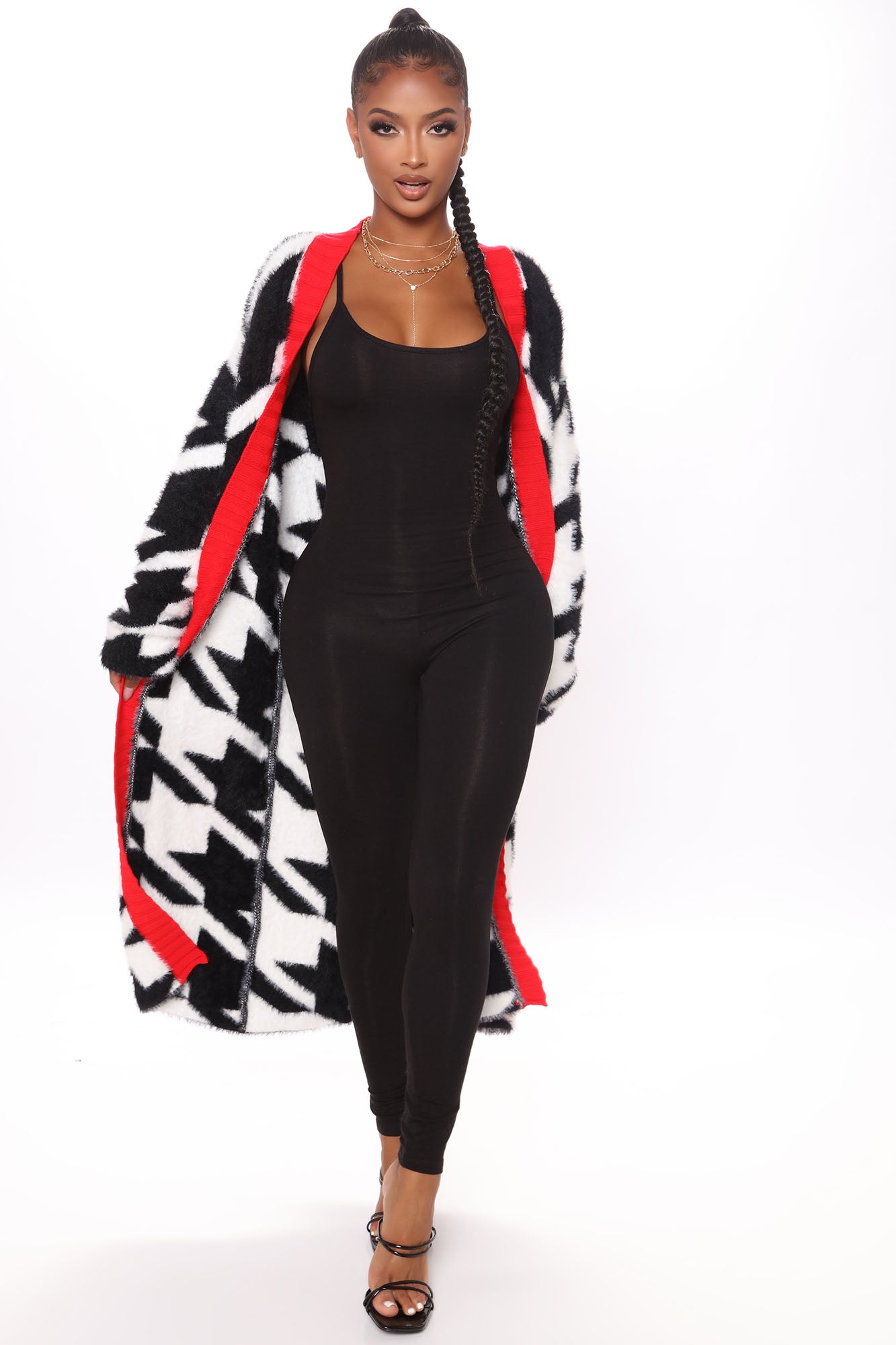 Lost And Houndstooth Fuzzy Cardigan Sweater Black combo