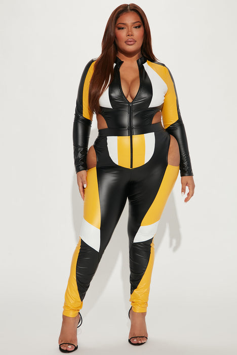 Yellow leather jumpsuit outlet
