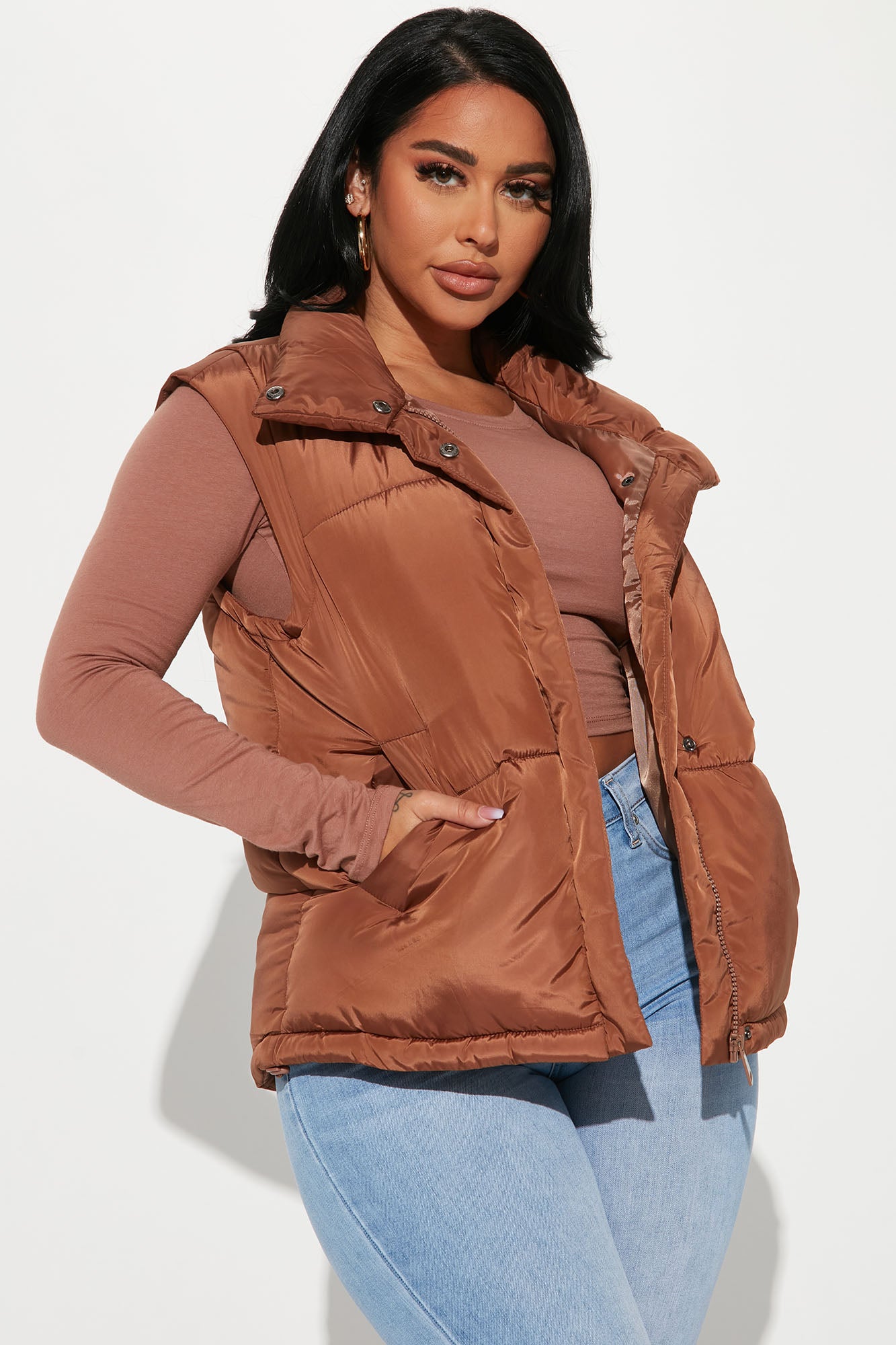Camel puffer vest new arrivals
