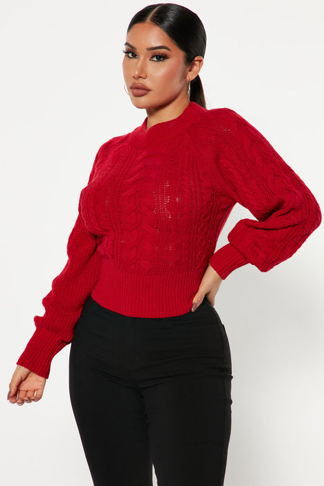 Melissa Cable Knit Cropped Sweater Red Fashion Nova Sweaters