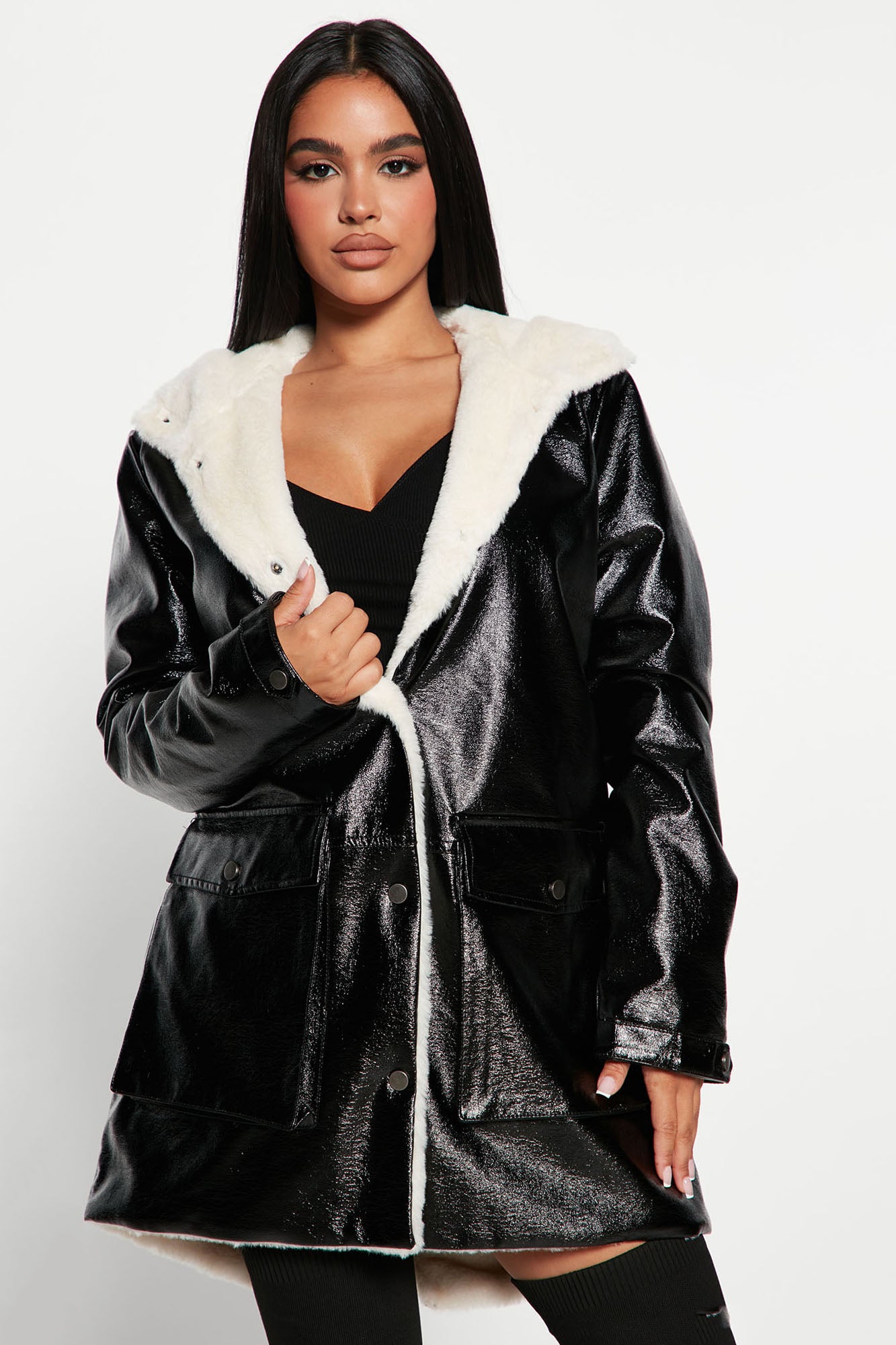 Black patent coat with fur hood clearance