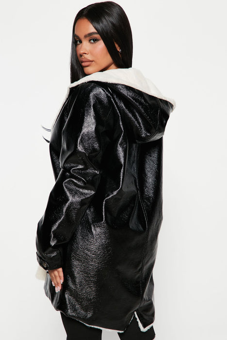 Black patent coat with fur hood deals