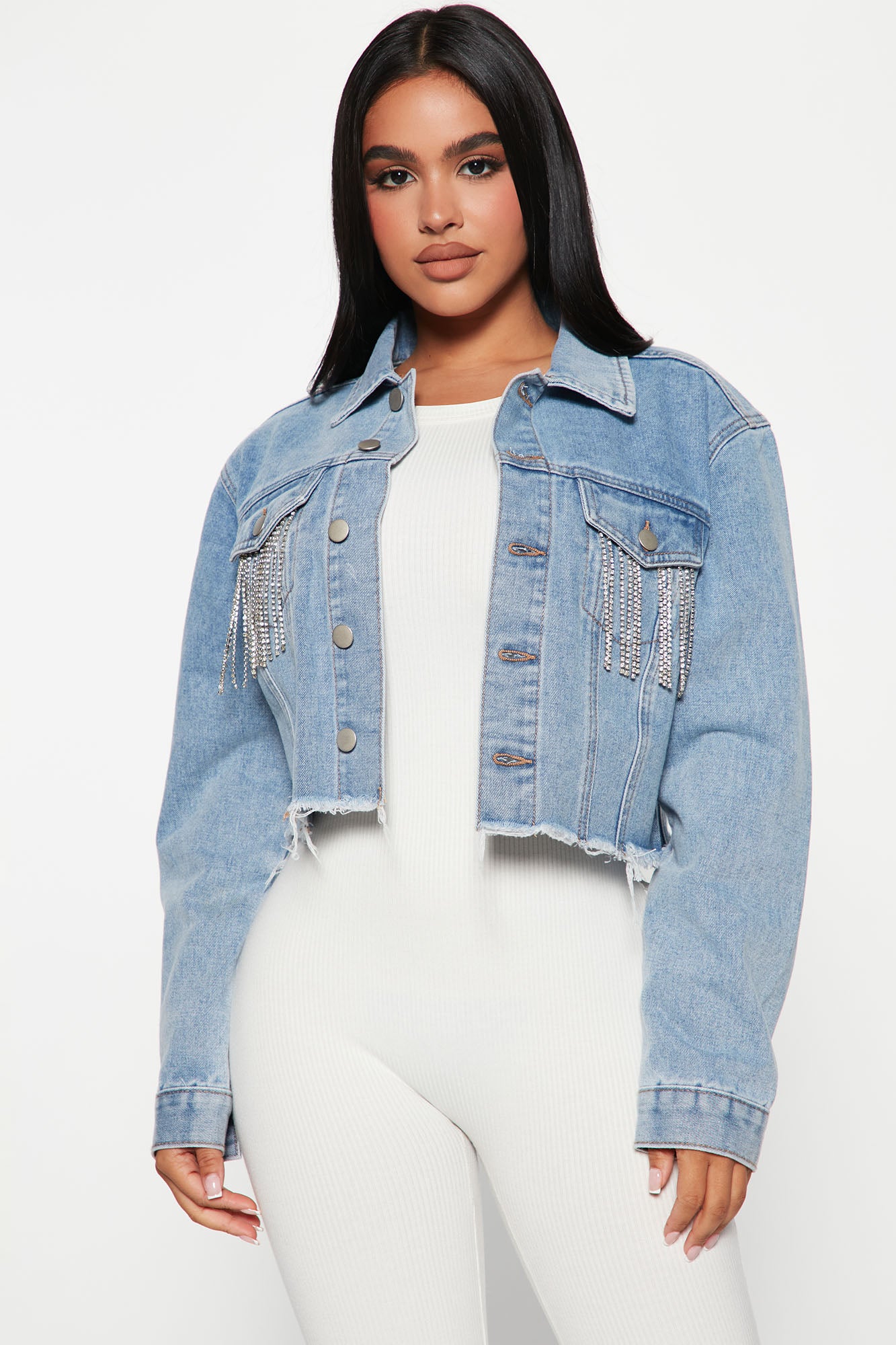 Mariah Crystal Fringe Denim Jacket Medium Wash