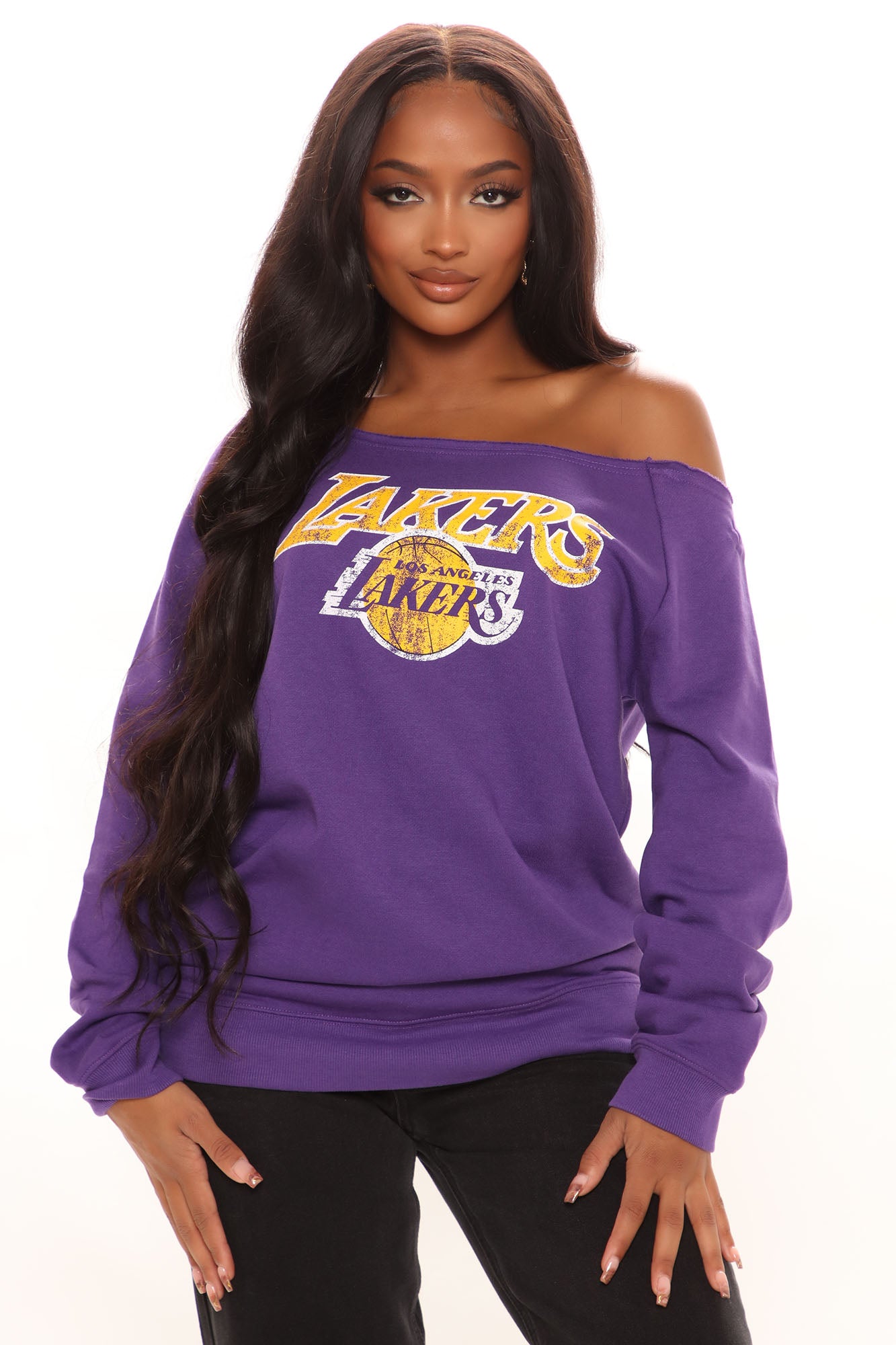 Beat The Buzzer Lakers Off Shoulder Sweatshirt Purple Fashion
